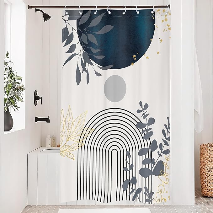 Riyidecor Navy Blue Small Stall Narrow Boho Modern Shower Curtain for Bathroom Decor 48Wx72H Mid Century Bohemian Palm Leaves Minimalist Art Printed Fabric Polyester Waterproof 8 Pack Plastic Hooks