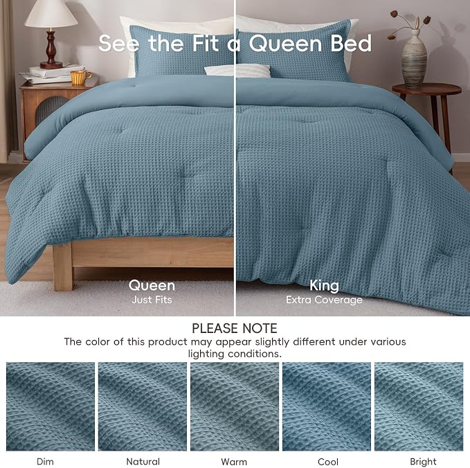 PHF Ultra Soft Waffle Weave Comforter Set Queen Size, 3 Pieces Lightweight Breathable Comfy Bedding Set, Comfy Textured 1 Comforter with 2 Pillow Shams, Stormy Blue