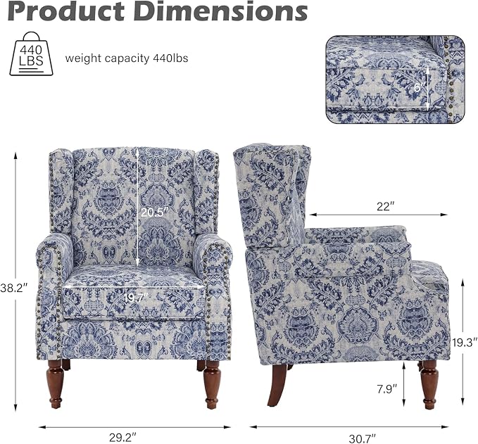 High Back Accent Chair, Fabric Upholstered Armchair for Living Room, Floral Wingback Chair with Retro Solid Wood Legs, Nailhead Trim Single Sofa Bedroom Reading Seat - Navy Blue