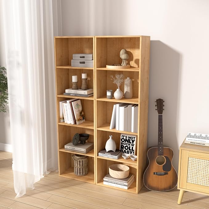 Wooden 5 Cube Storage Organizer, Oak 5 Tier Bookcase Bookshelf Freestanding Storage Display Organizer, Versatile Cubes Open Shelf and Cubby Unit for Living Room, Home Office, Dinning Room 15.7inch