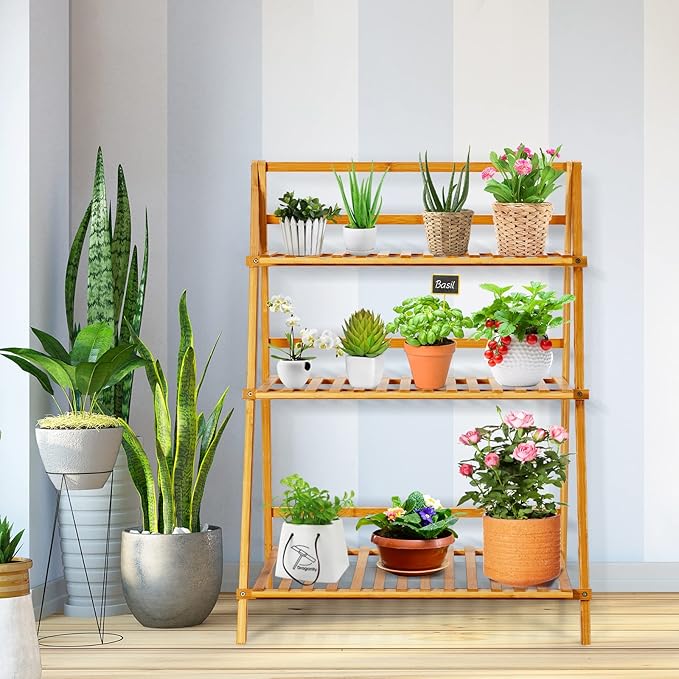 Giantex Bamboo Ladder Plant Stand, 3 Tier Folding Bamboo Plant Shelf, Foldable Flower Pot Display Shelf Rack, Multiple Plants Holder Organizer Storage Shelf for Indoor Outdoor Balcony Garden (Natural)