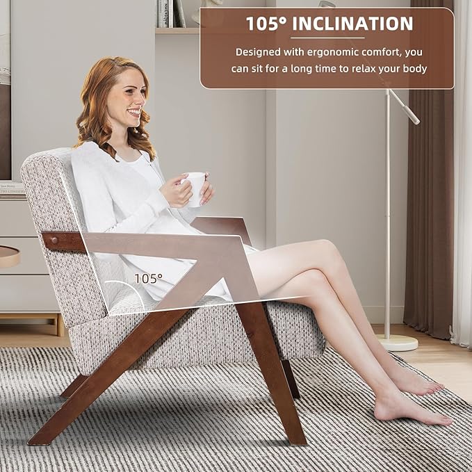 INZOY Accent Chairs Set of 2, Mid Century Modern Accent Chair with Wood Frame, Upholstered Reading Armchair with Soft Linen Fabric, Accent Chair for Living Room Bedroom, Easy Assembly, Light Brown