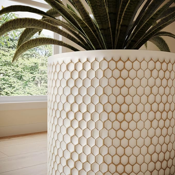 EverNest Honeycomb Gold and White Planter with Wooden Peg Leg Stand, 12-Inch Plant Pot, SelectBase, Mid-Century Modern, Indoor Home Decor Planters (Large, 3 Gallon)
