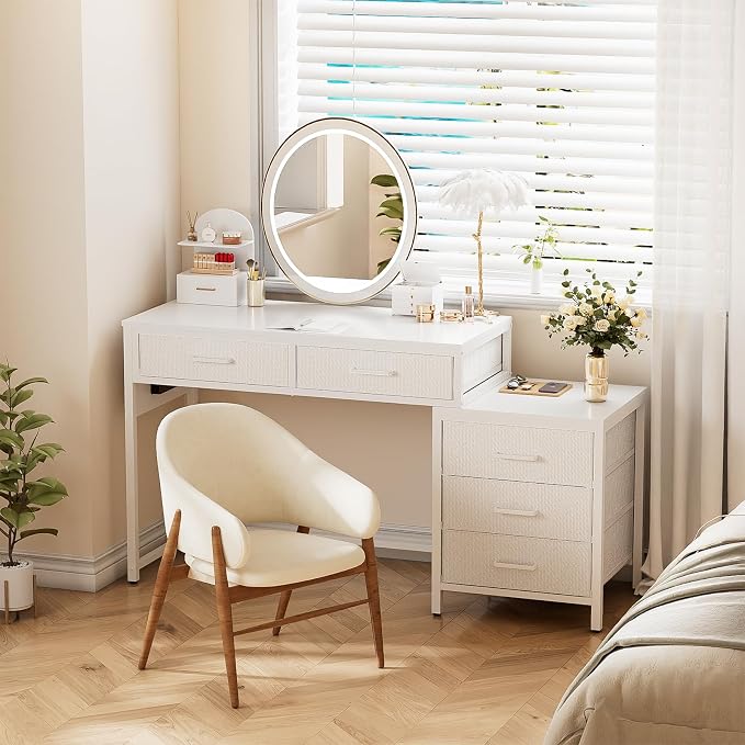 Unikito Reversible Computer Desk with 5 Drawers, Sturdy Office Desk with Power Outlets and USB Ports, Study Writing Table with File Cabinet & Printer Stand, Vanity Desk with Storage, White