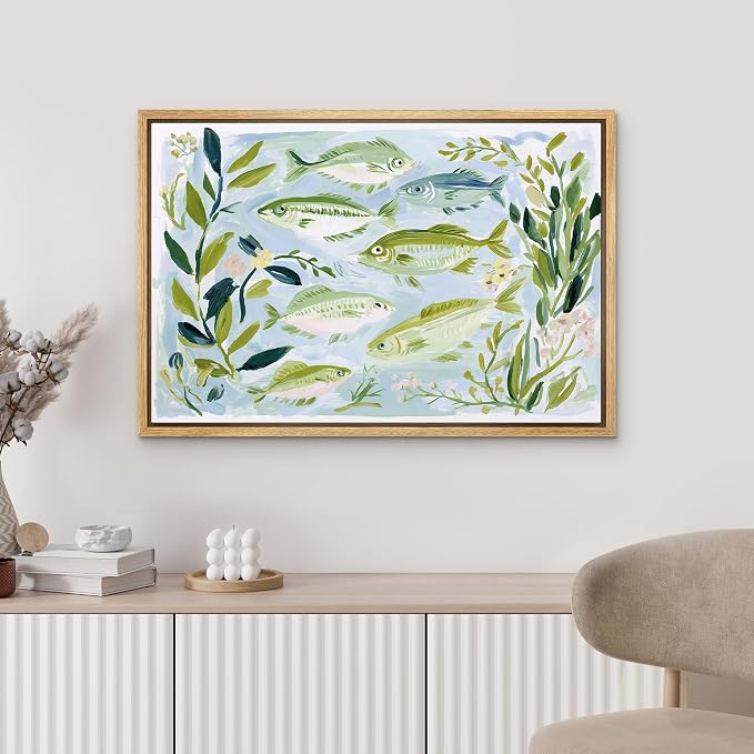 MUDECOR Framed Canvas Print Wall Art Freshwater Fish and Botanical Nature Illustrations Minimalism Decorative Bohemian Colorful Zen for Living Room, Bedroom, Office - 16"x24" NATURAL