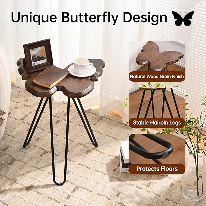 Butterfly Accent Side Table Set of 2, Walnut Brown MDF Wood Top & Black Hairpin Legs, Small Modern End Table，21.75" Tall for Living Room, Bedroom or Small Spaces