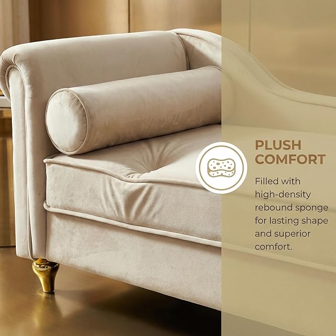 60.6''Velvet Chaise Lounge Indoor, Modern Velvet Lounge Chair with Left Armrest & Lumbar Pillow,Button Tufted Lounge Sofa with Storage for Bedroom, Living Room and Office，Beige