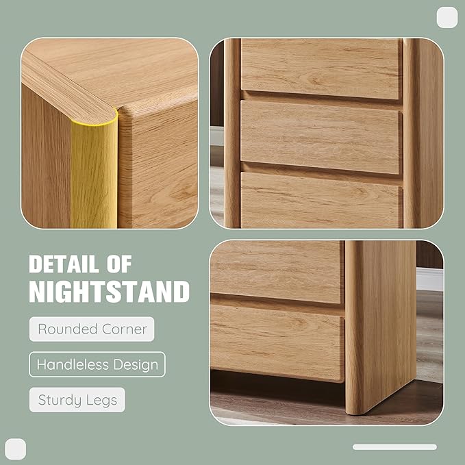 25" Tall Modern Nightstand with Charging Station, 23.6" W Nightstand with 3 Storage Drawers & Open Shelf, Wood Night Stand w/Rounded Corner Design for Bedroom, Living Room (Natural)