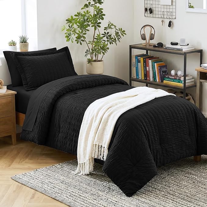 CozyLux Twin XL Comforter Set for College Dorm, 5 Pieces Black Seersucker Twin Extra Long Bed in a Bag, Down Alternative Bedding Set with Comforter, Sheets, Pillowcase & Sham, Back to School Gift