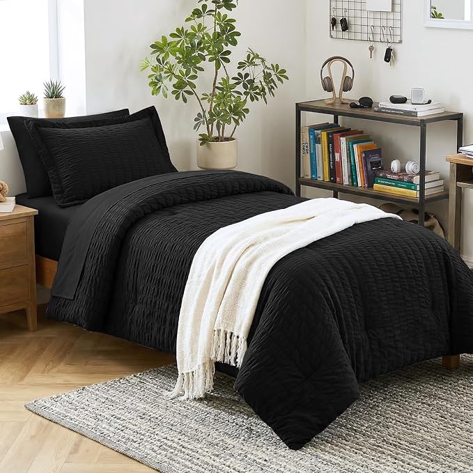 CozyLux Twin Comforter Set with Sheets 5 Pieces, Black Seersucker Luxury Textured Bed in a Bag, All Season Soft Bedding Sets with Down Alternative Comforter, Sheets, Pillowcase & Sham, Home Gift