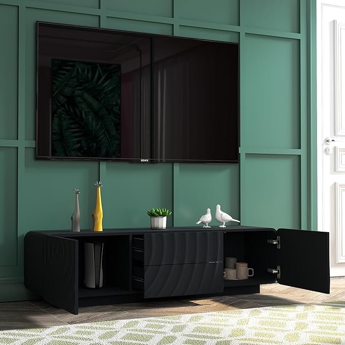 LKTART 58'' TV Stand with Storage & 2 Drawers, Modern TV Console with Water Ripple Door Panels Mid-Century Credenza Sideboard Buffet Cabinet for Kitchen & Living Room (Black)