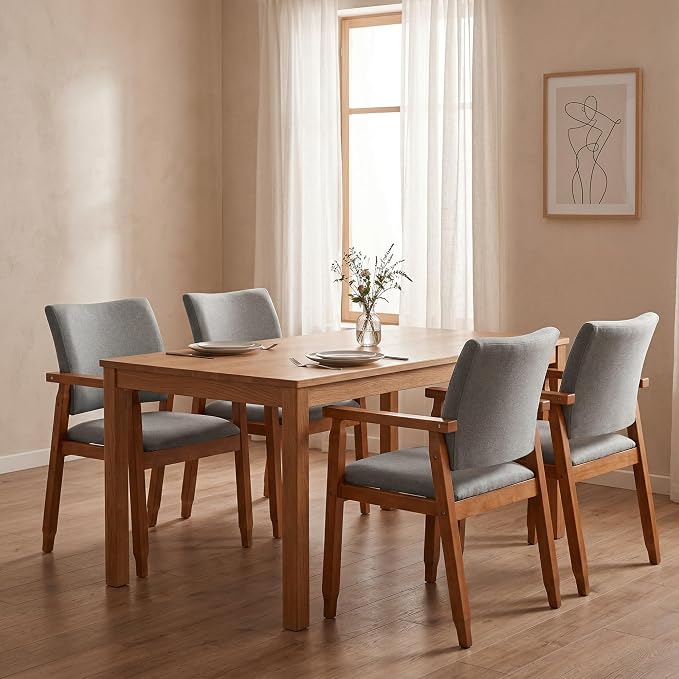 Set of 2 Mid Century Modern Walnut Dining Chairs Wood Arm Grey Fabric Kitchen Cafe Living Room Decor Furniture