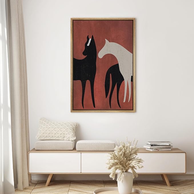 SIGNWIN Framed Canvas Print Wall Art Preppy Room Decor Black White Horse Stallion Silhouette Tree Nature Wilderness Drawings Boho Animals Colorful for Living Room, Bedroom, Office - 24"x36" Natural