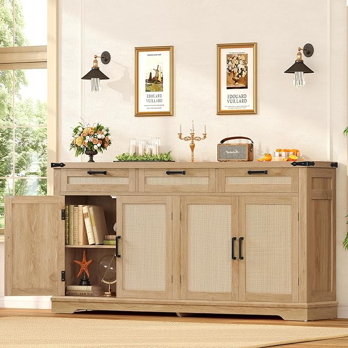usikey Large Sideboard Buffet Cabinet with 4 Doors and 3 Drawers, Farmhouse Buffet Table, Dining Room Storage Cabinet for Kitchen or Living Room, Natural