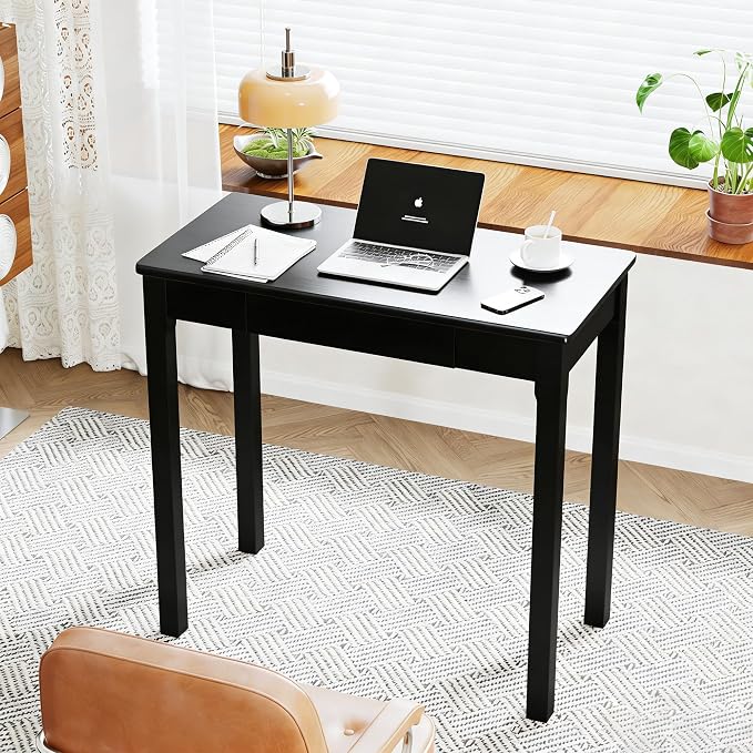 Solid Wooden Desk with Drawers - 32 x 16 Inch Narrow Desks for Small Spaces, Rubberwood Simple Study Table, Small Writing Desk for Bedroom - Modern Black Desks