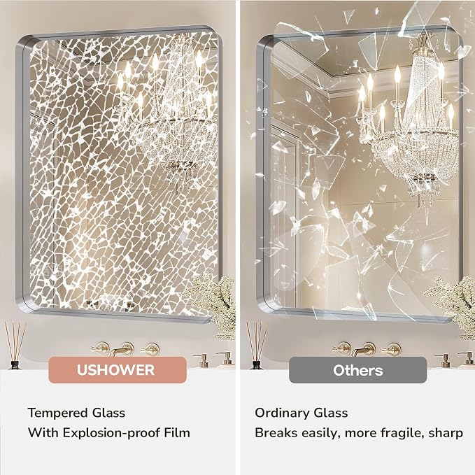 USHOWER Brushed Nickel Bathroom Mirror 30"x40", Silver Rectangle Mirror for Over Sink, Rounded Corner, Aluminum Frame, Anti-Rust, Tempered Glass, Horizontal or Vertical Mounted