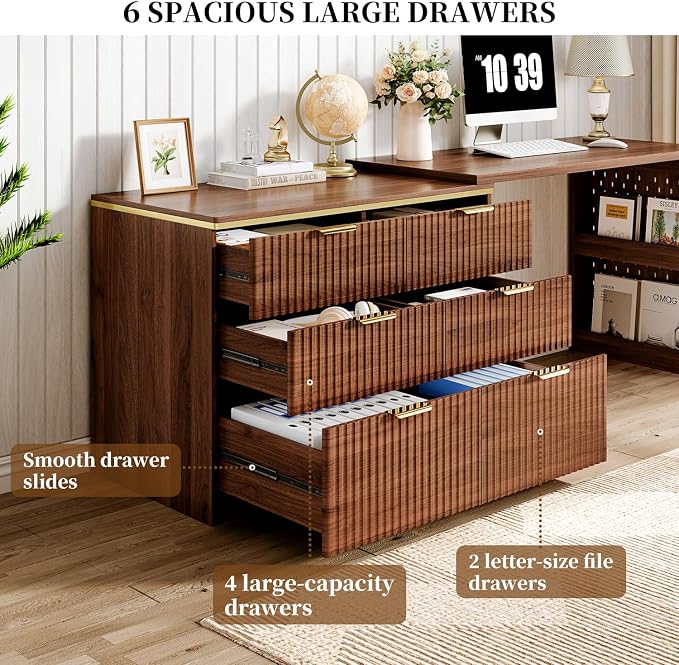 Ieejdn Computer Desk with 6 Drawers, 78" Modern Writing Desk with 0.98" Thickened Desktop & Storage Shelves, Adjustable direction & Extendable Executive Office Desk Study Table for Home Office, Walnut