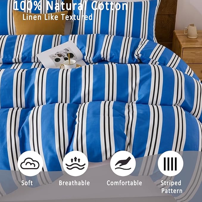 Merryword Striped Duvet Cover Set King Size - 100% Cotton Duvet Cover Set, Blue Ribbon Stripes Pattern Comforter Cover 3 Pieces, Soft Linen Like Bedding Set for All Seasons