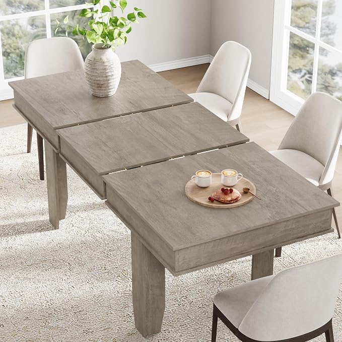 GarveeHome 63 in-86.6 in Extendable Dining Room Table for 6-10, Farmhouse Kitchen Tables w/Wooden Sturdy Frame, Large Rectangular Dinner Table for Dining Room, Kitchen