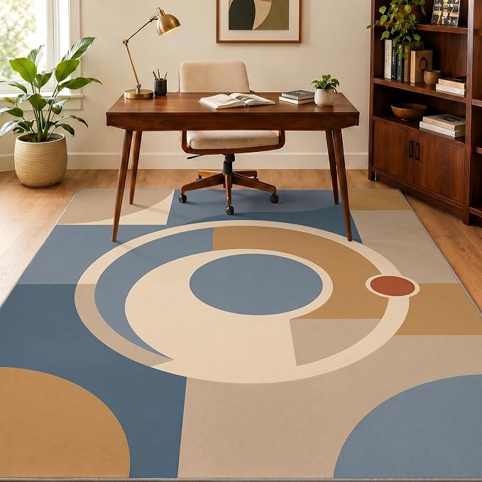 Mid Century Area Rug 5x6, Home Decor | Dusty Blue Camel Mod Orbit, Modern Abstract Circle Rug for Living Room, Bedroom, Home Office, Non Slip, Washable, Low Pile