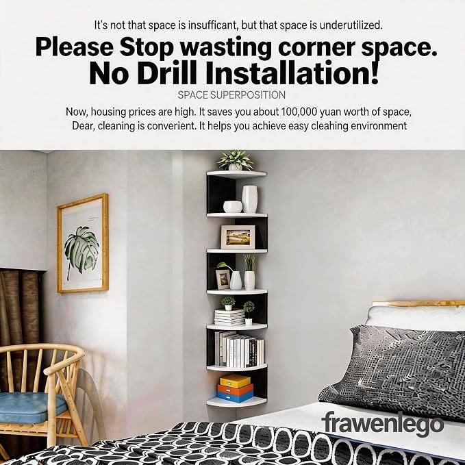 No-Drill Corner Shelf Wall Mount, 7-Tier Floating Corner Bookshelf with Hooks, Space-Saving Zigzag Plant Shelf for Bedroom, Living Room, Bathroom, Home Office(Black & White)