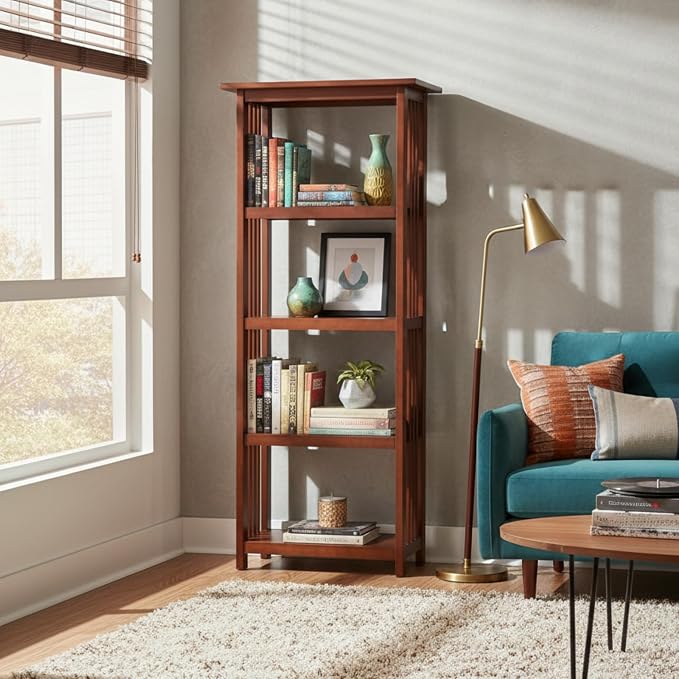 Alaterre Furniture Mission 4-Tier Bookcases with Adjustable Shelves – Mid-century Modern 60-Inch Wood Bookshelf for Living Room, Bedroom or Home Office (Cherry)