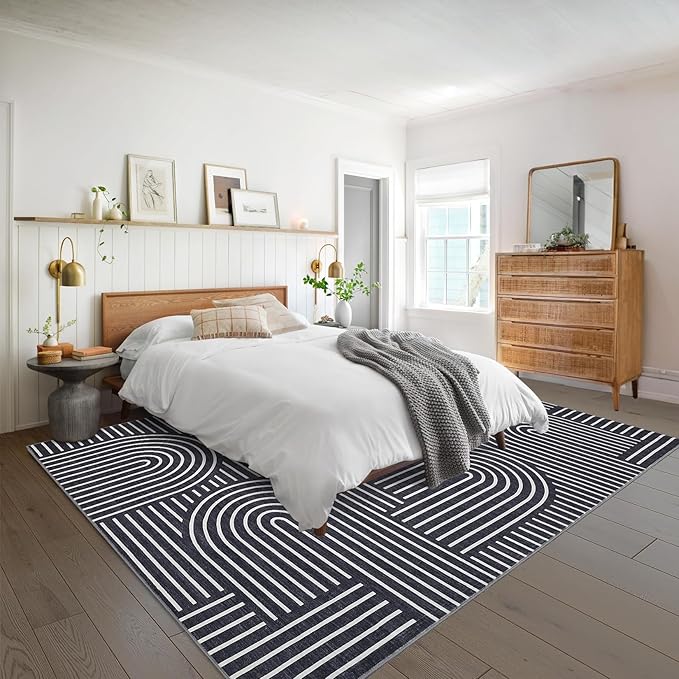 Washable Rug 8x10 Area Rugs for Living Room, Abstract Rug for Bedroom, Soft Rainbow Non Slip Throw Rugs with Rubber Back, Low Pile Stain Resistant Boho Geometric Carpet for Dining Room, Black