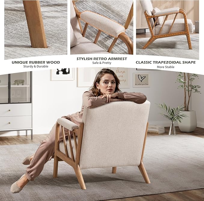 INZOY Accent Chairs Set of 2, Mid Century Modern Accent Chair with Wood Frame, Upholstered Reading Armchair with Soft Linen Fabric, Accent Chair for Living Room Bedroom Apartment, Easy Assembly, Beige