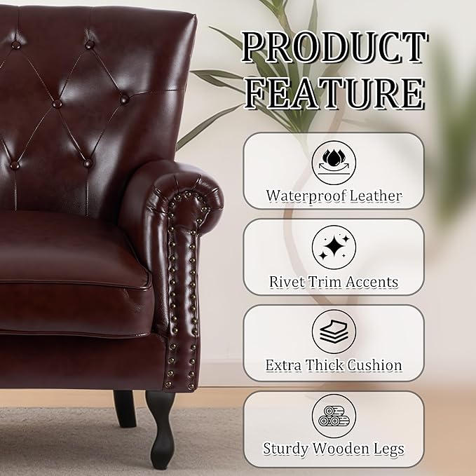 Modern Faux Leather Accent Chair, Upholstered Mid-Century Armchair with Solid Wood Legs, Single Sofa Chair for Living Room, Bedroom, or Reading Room（Reddish Brown）