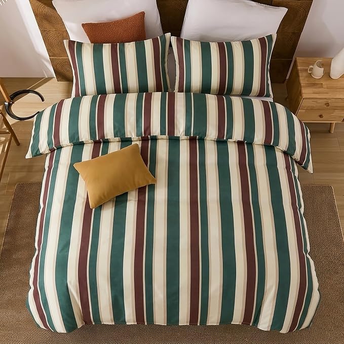 Merryword 100% Cotton Duvet Cover Set Queen Size - Vintage Green Cabana Striped Bedding Set with Zipper & Corner Ties, 3-Piece Luxury & Silky Soft Bedding Set for All Seasons