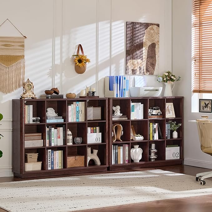 Joaxswe 12 Cube Storage Organizer, 41" Large Bookshelf with Curved Edge, Wood Floor Standing 3-Tier Cubby Bookcase w/Base, Vintage Display Storage Cabinet, Book Case for Living Room, Office, Walnut