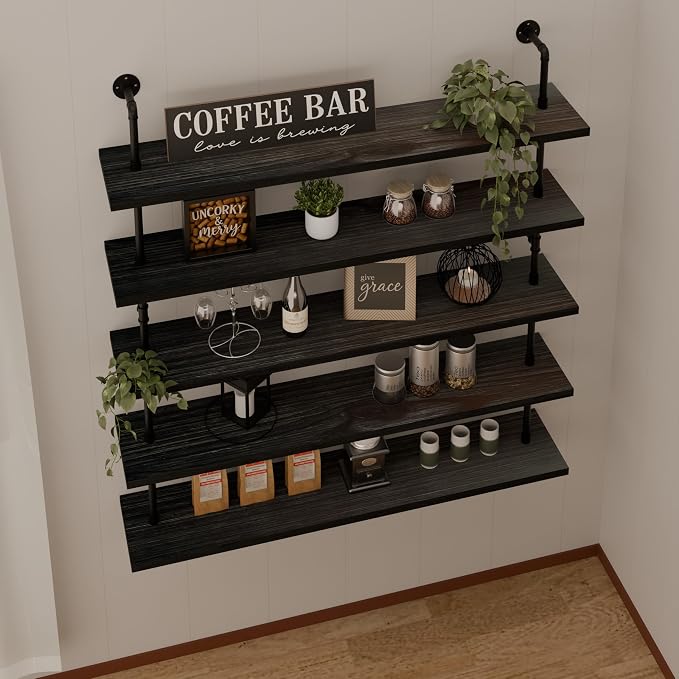 HDDFER Floating Shelves for Wall Bookshelf Industrial Pipe Shelving Shelves 48 Inch 5 Tier Natural Wood Planks Rustic Wall Shelves Hanging Bookshelves Farmhouse Kitchen Shelving Black