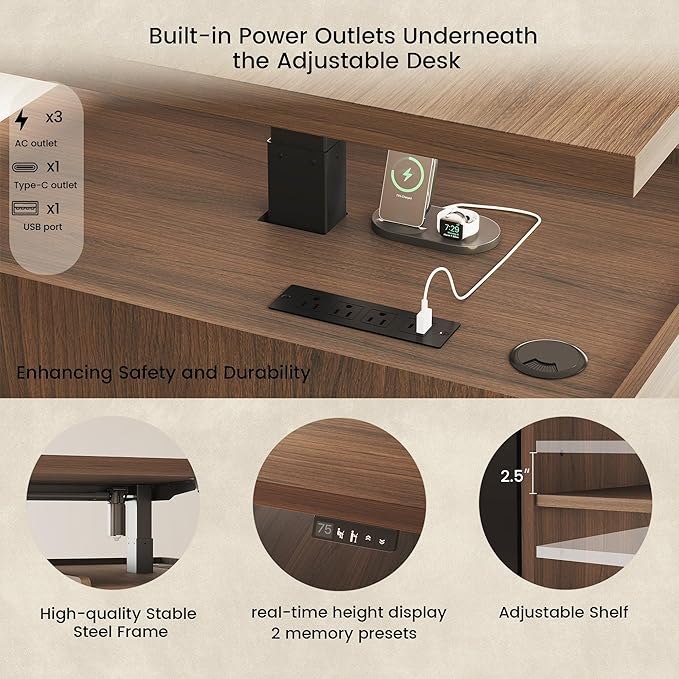 ModernMate Executive Standing Desk with Drawers & Storage, 70.8'' Adjustable Electric Stand Up Wood Desk with Privacy Panel, AC/USB, File Cabinet, Large One-Piece Desktop for Home Office, Black Walnut