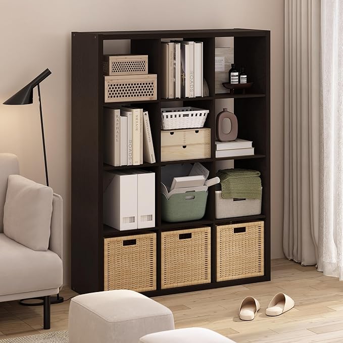 Furinno Cubicle Book Shelf, 12-Cube Bookshelf, Extra Thick Frame Reversible Bookcase with Open Back, 14.6" x 44" x 58", for Living Room, Bedroom, Home Office, Black Dark Oak