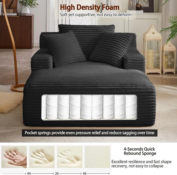 50" Oversized Chaise Lounge Chair Indoor, Corduroy Sleeper Sofa Bed with 3 Pillows & Armrests, Spring Cushion Lazy Chair for Living Room Apartment, Black