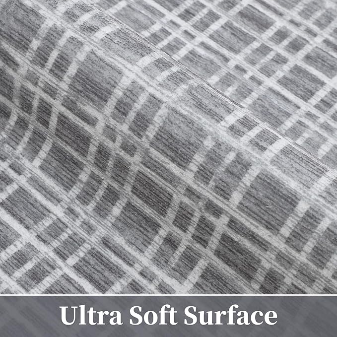 Washable Area Rug 9x12 Rug for Living Room Modern Geometric Large Area Rug for Bedroom Decor Plaid Grid Rug Non Slip Throw Rugs Low Pile Stain Resistant Carpet for Dining Room 9'x12' Grey
