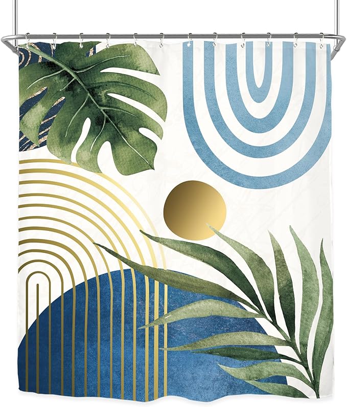 Miyotaa Abstract Blue Modern Shower Curtain Set 60Wx71H Inches Minimalist Aesthetic Mid Century Contemporary Plant Monstera Leaves Polyester Waterproof Bathroom Curtain with 12 Hooks