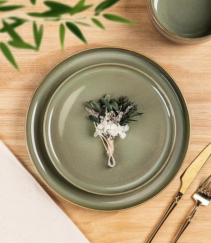 TheTerra Ceramic Dinnerware Sets for 4, 12 Pieces Handmade Reactive Glaze Plates and Bowls Set, Scratch Resistant Dish Set, Oven & Microwave & Dishwasher Safe, Sage Umber