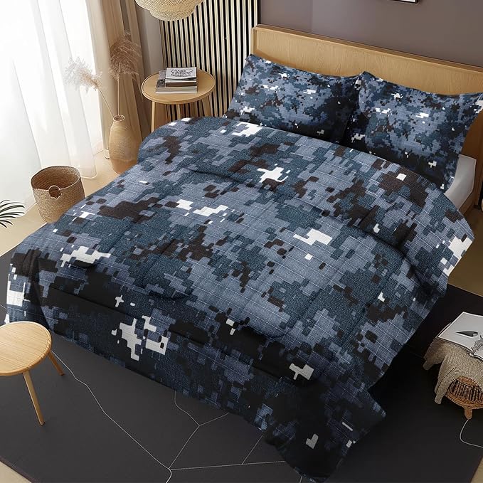 Comforter Set with Pillowcase Twin Size, Digital Navy Blue Camouflage Camo, Bed Decor Army Military Brown Gray Seal Us for Kids and Adults, Soft Cozy Bedroom Bedding Set