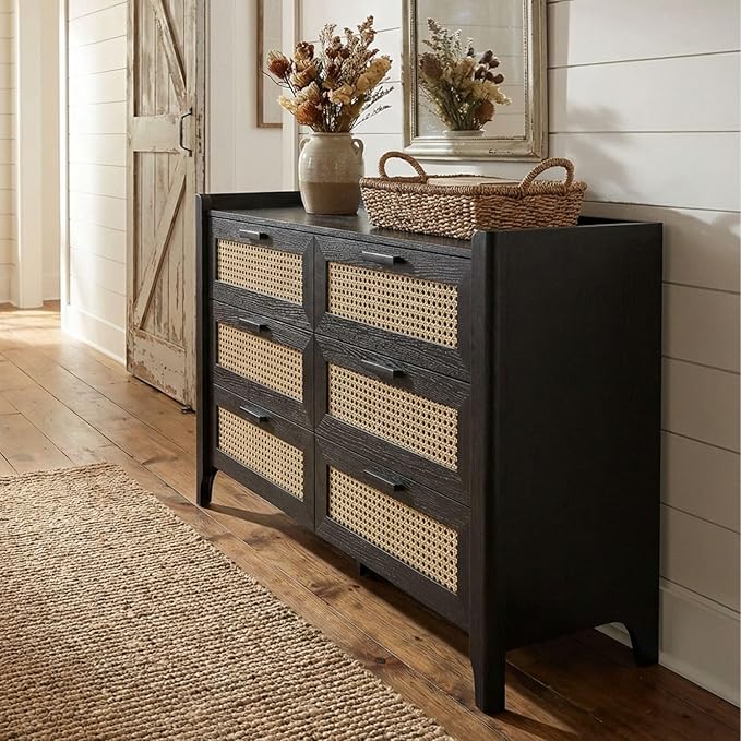 ELISA HOME Rattan-Inspired 6 Drawer Dresser for Bedroom, 47.2″ W Modern Wide Chest of Drawers, Wood Storage Organizer for Clothes, Entryway, Hallway, Nursery or Living Room, Black