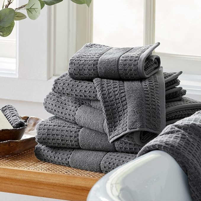Market & Place 100% Cotton Super Soft Luxury Hand Towel Set | Quick-Dry and Highly Absorbent | Waffle Textured | 550 GSM | Includes 6 Hand Towels | Harper Collection (Dark Grey)