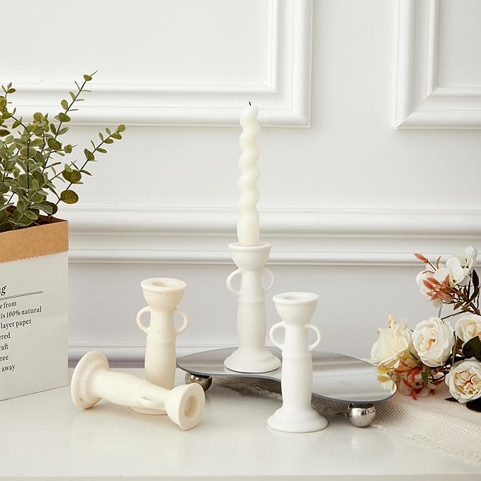 Denique Ceramic Candle Holders Set of 2, Creative Modern Minimalist Candlestick Holder Set, Table Centerpiece Taper Candle Holders, Candlelight Dinner Creative Decoration Ornaments (White)