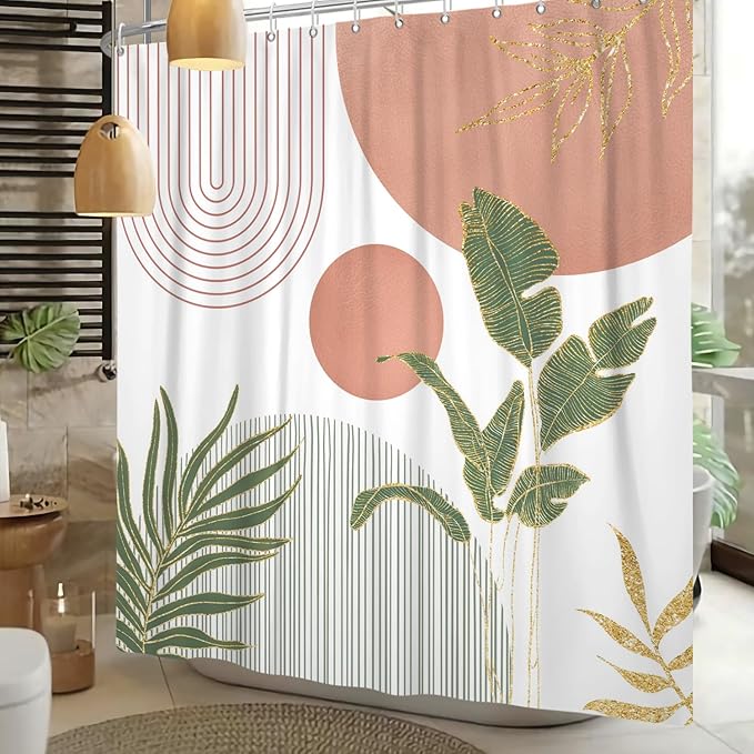 Mid Century Boho Shower Curtain 72x72 inch, Abstract Modern Sun Minimalist Aesthetic Shower Curtain, Bohemian Geometric Arch Curve Leaves Neutral Art Fabric Bathroom Decor Pink