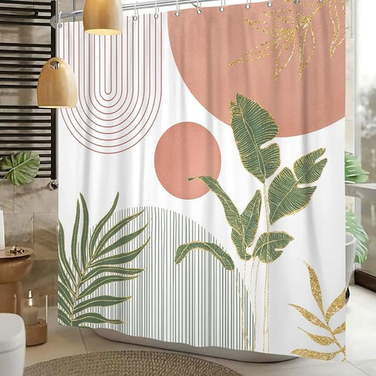 Mid Century Boho Shower Curtain, Abstract Modern Sun Minimalist Aesthetic Shower Curtain, Bohemian Geometric Arch Curve Leaves Neutral Art Fabric Bathroom Curtains Pink 72x78 inch