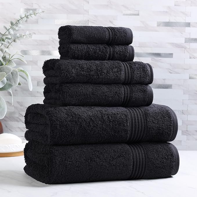 Superior Heritage Egyptian Cotton 6 Piece Towel Set, Heavyweight Towels for Bathroom, Guest Bath, Luxury Home Decor, Plush Absorbent Essentials, Includes 2 Bath, 2 Hand, 2 Face Towels, Black