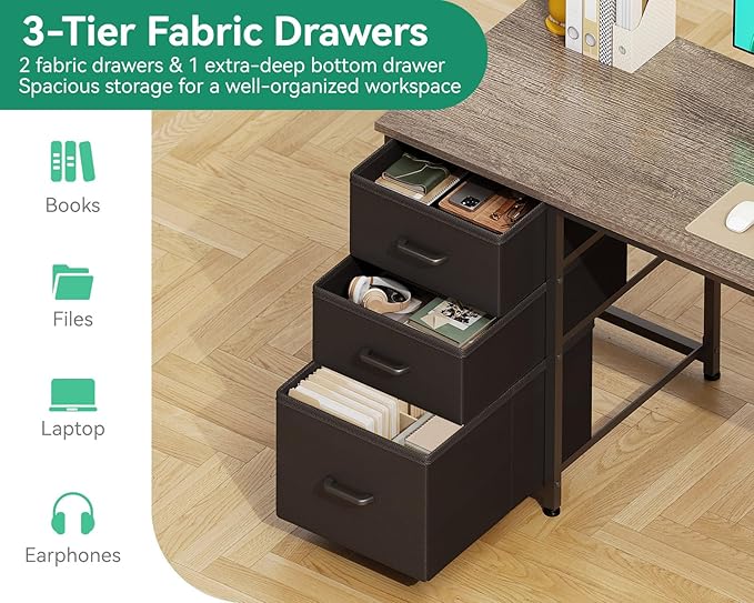 AODK 51 Inch Computer Desk with Drawers & USB Power Outlets - Reversible Home Office Desk with Storage Shelves, Work from Home, Modern Work/Writing/Study Table for Bedroom, Grey Oak