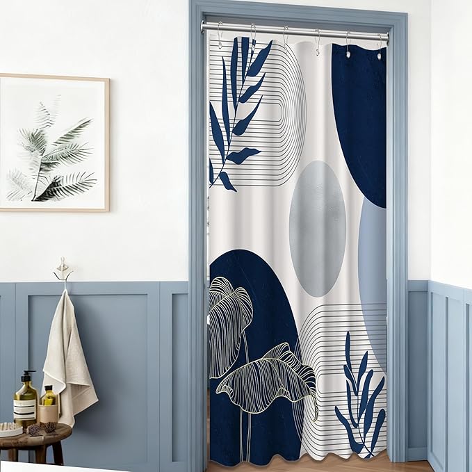 Navy Blue and White Shower Curtain Mid Century Modern Dark Blue Boho Shower Curtains for Bathroom Decor MCM Mens Cool Bath Curtain Set, Waterproof Fabric with Hooks 36 x 72 Inch