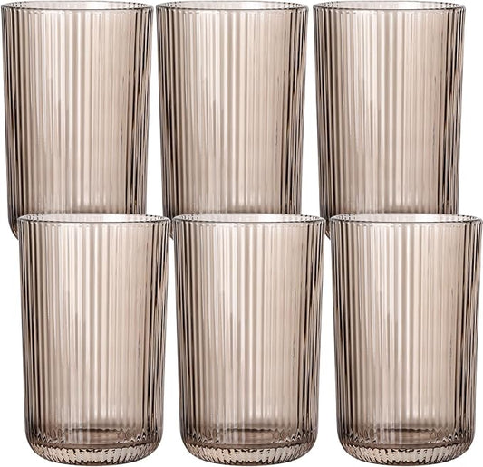 Gray Ribbed Highball Glasses Set of 6, 13.2oz Smokey Gray Colored Glassware, Drinking Glasses for Water, Juice, Iced Coffee, Cocktails, Glass Cups, Housewarming Christmas Gift