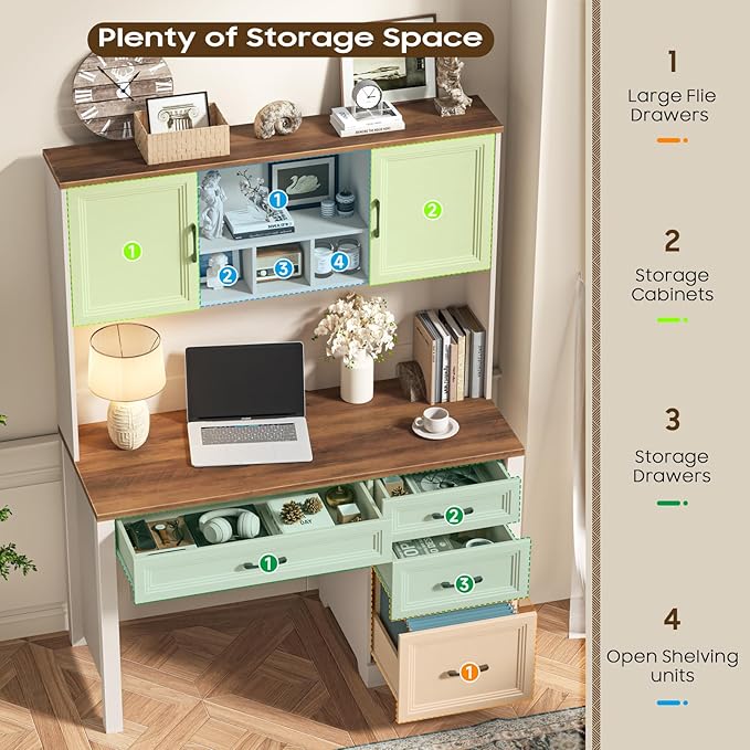 Vabches Farmhouse Executive Desk with 4 Drawers and Storage Cabinet, Rustic Large Home Writing Desk with Hutch, Workstation for Bedroom, White
