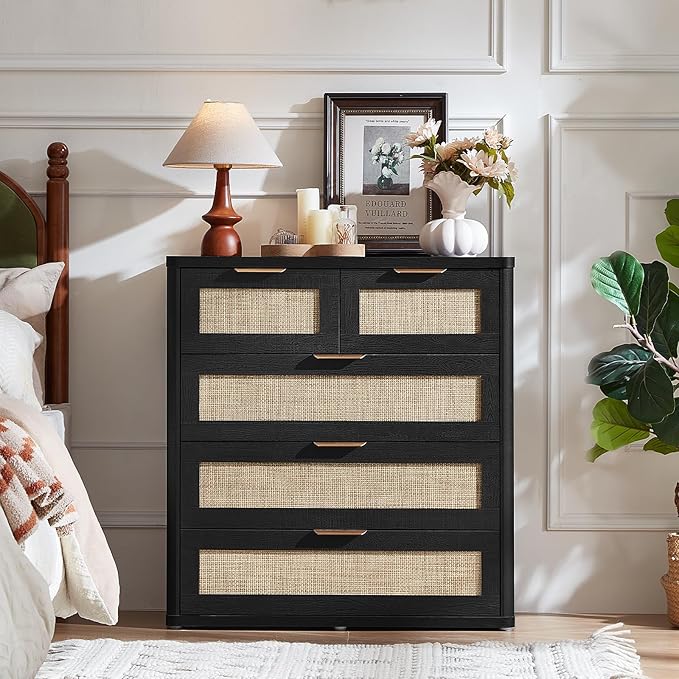LEYAOYAO Rattan Dresser for Bedroom, 33.5" Tall Chest of Drawers, Modern 5 Drawers Boho Dressers with Storage, Light Oak Dresser Wooden Closet Organizer for Living Room, Hallway, Black